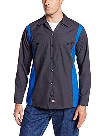 Dickies Occupational Workwear LL524CHRB 3XL Polyester/ Cotton Men's Long Sleeve Industrial Color Block Shirt, 3X-Large, Dark Charcoal/ Royal Blue